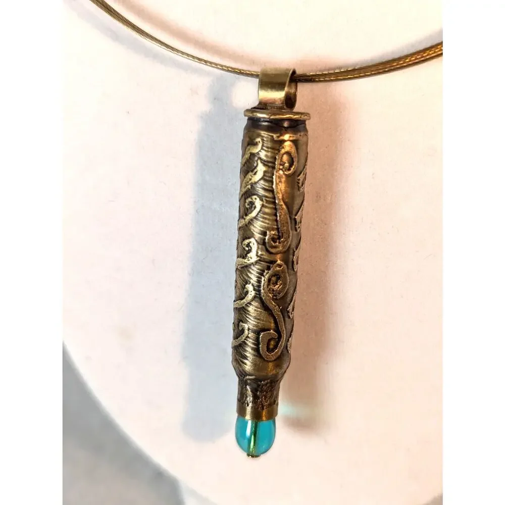 Bullet pendant necklace hand acid etched brass with glass bead wire neck;ace NIB